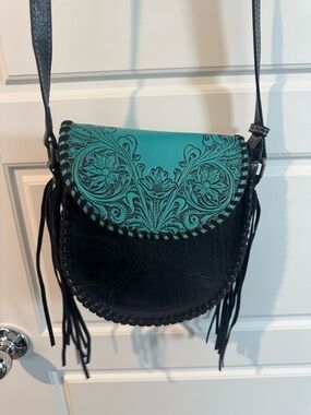 Montana West Turquoise and Black Floral Tooled Crossbody Bag with Fringe